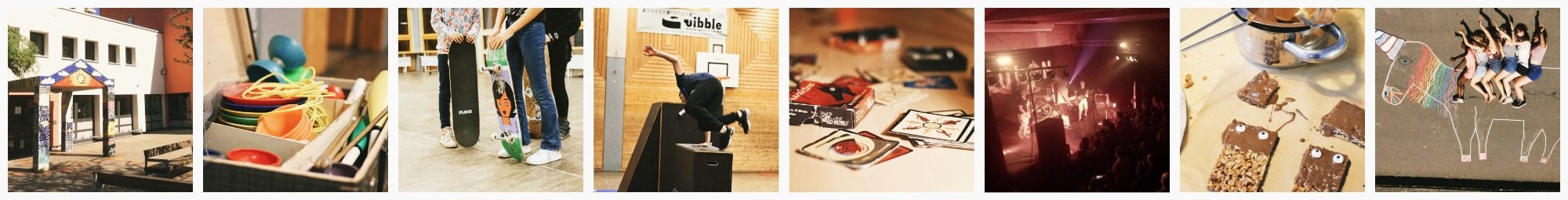 Banner Quibble Unterschiedliche Fotos vom Jugendhaus Quibble. Der Eingang, eine Kiste mit Jonglagematerialien, Kartenspiele, ein Konzert, Müsliriegel